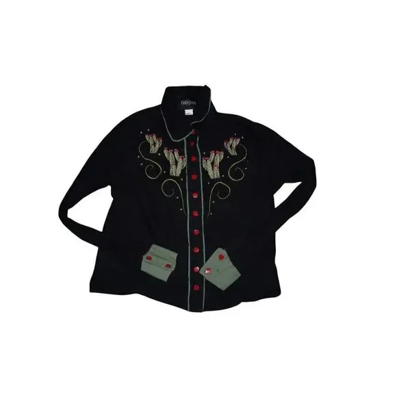 Collectif London Western Cactus Embroidered Shirt Black Red Buttons Size S UK 10 - Picture 9 of 12